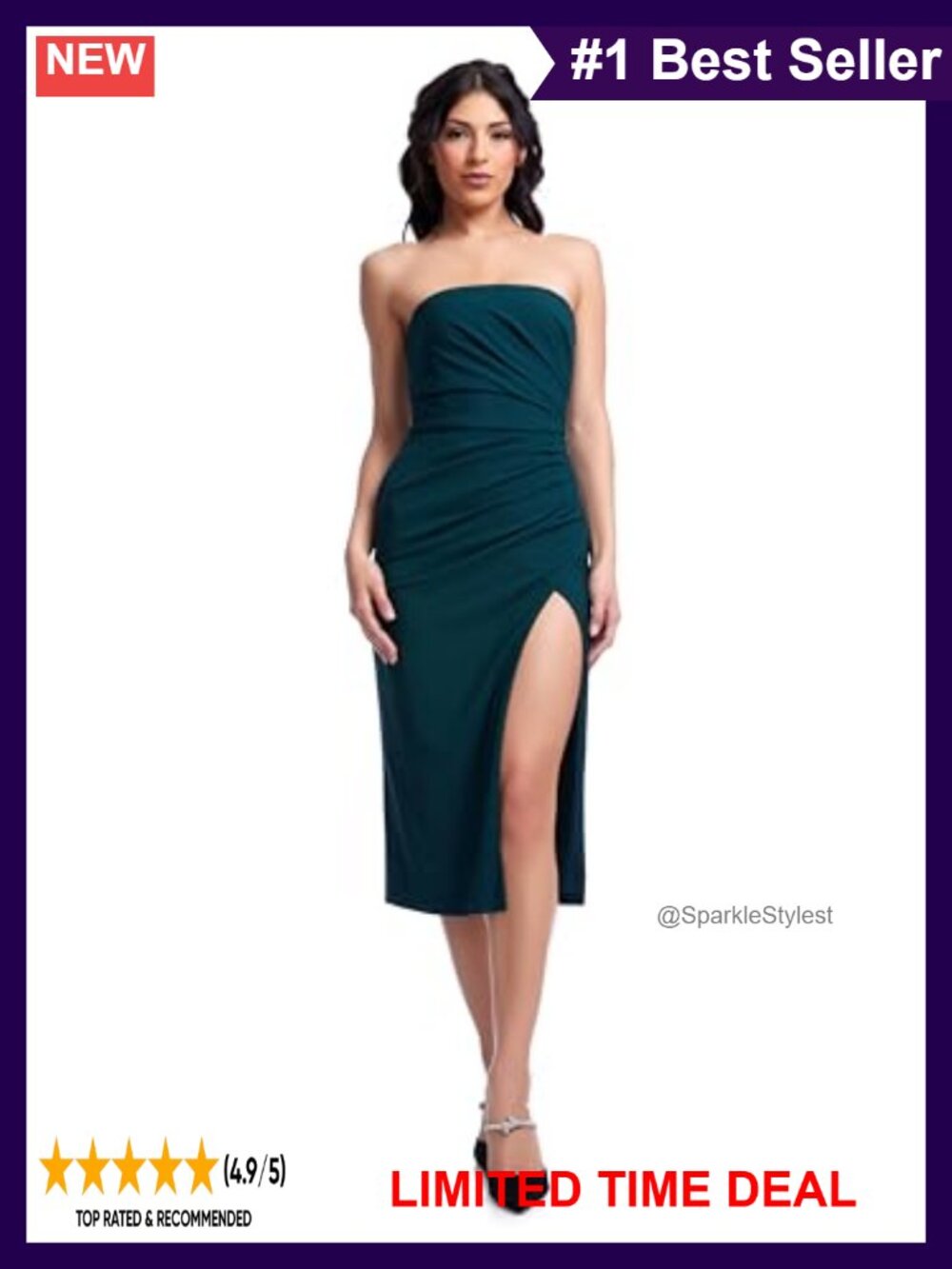 Strapless Ruched Bodycon Midi Dress Front Slit Cocktail Party